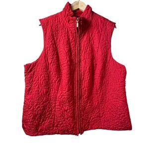 Charter Club Women's Red Quilted Floral Vest Size 3X Full Zip Mock Neck
